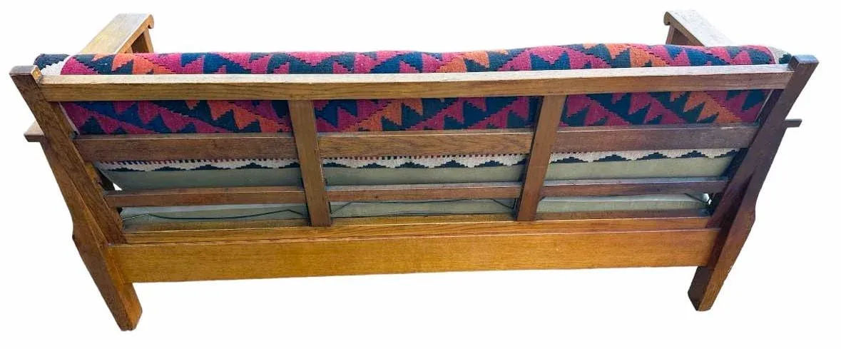 Antique Circa 1910 Oak Arts & Crafts Large 78” Settle With New Leather and Hand Made Persian Kilim Upholstered Cushions - Image 11