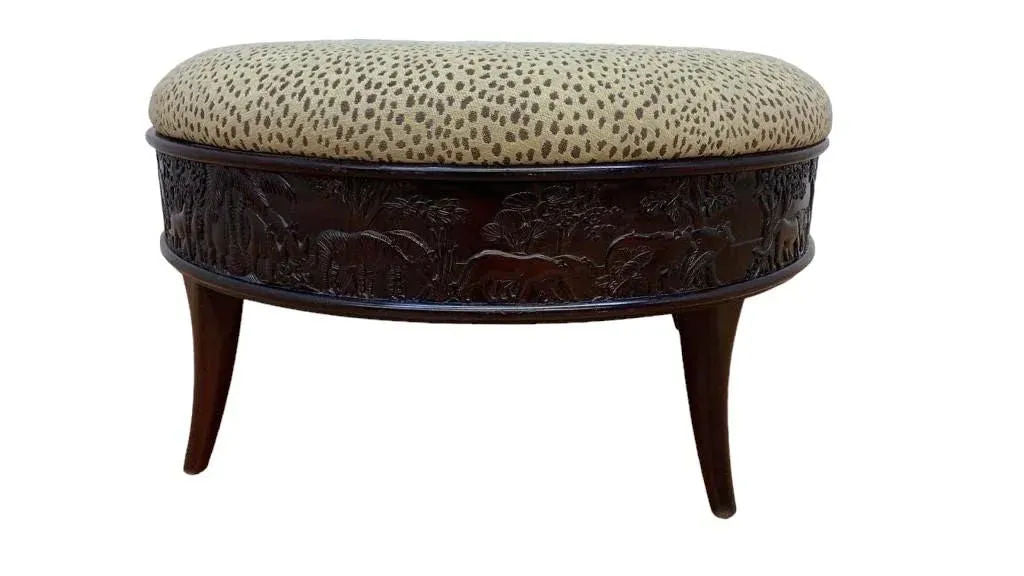 Sam Moore Safari Round Cocktail Ottoman With Carved Teakwood Frame and Cheetah Print Upholstery - Image 11