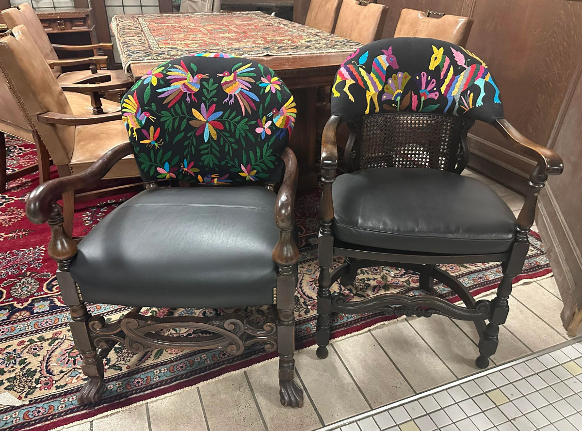 Set of 2 Ornate Spanish Revival Fauteuils With New Otomi Embroidery and Leather Upholstery - Early 20th Century Antiques - Image 11