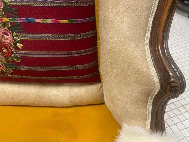 Late 19th Century French Settee With Guatemalan Hand Embroidery, Cowhide and Sheepskin - Image 11