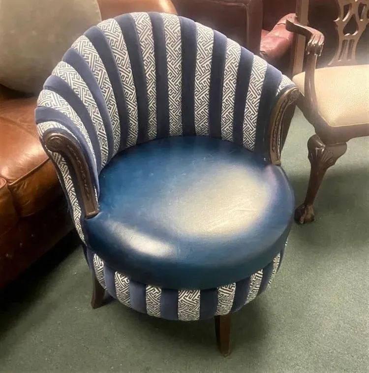 Mid 20th Century Round Accent Chair Reupholstered With Blue Velvet and Greek Key Fabric - Image 11