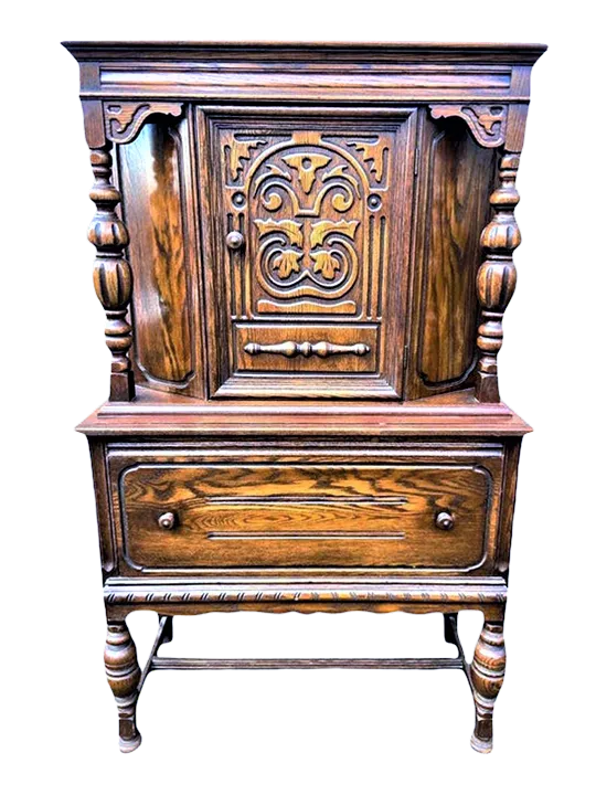 Antique Spanish Revival Solid Oak Liquor Cabinet or Linen Press - Early 20th Century - Image 11