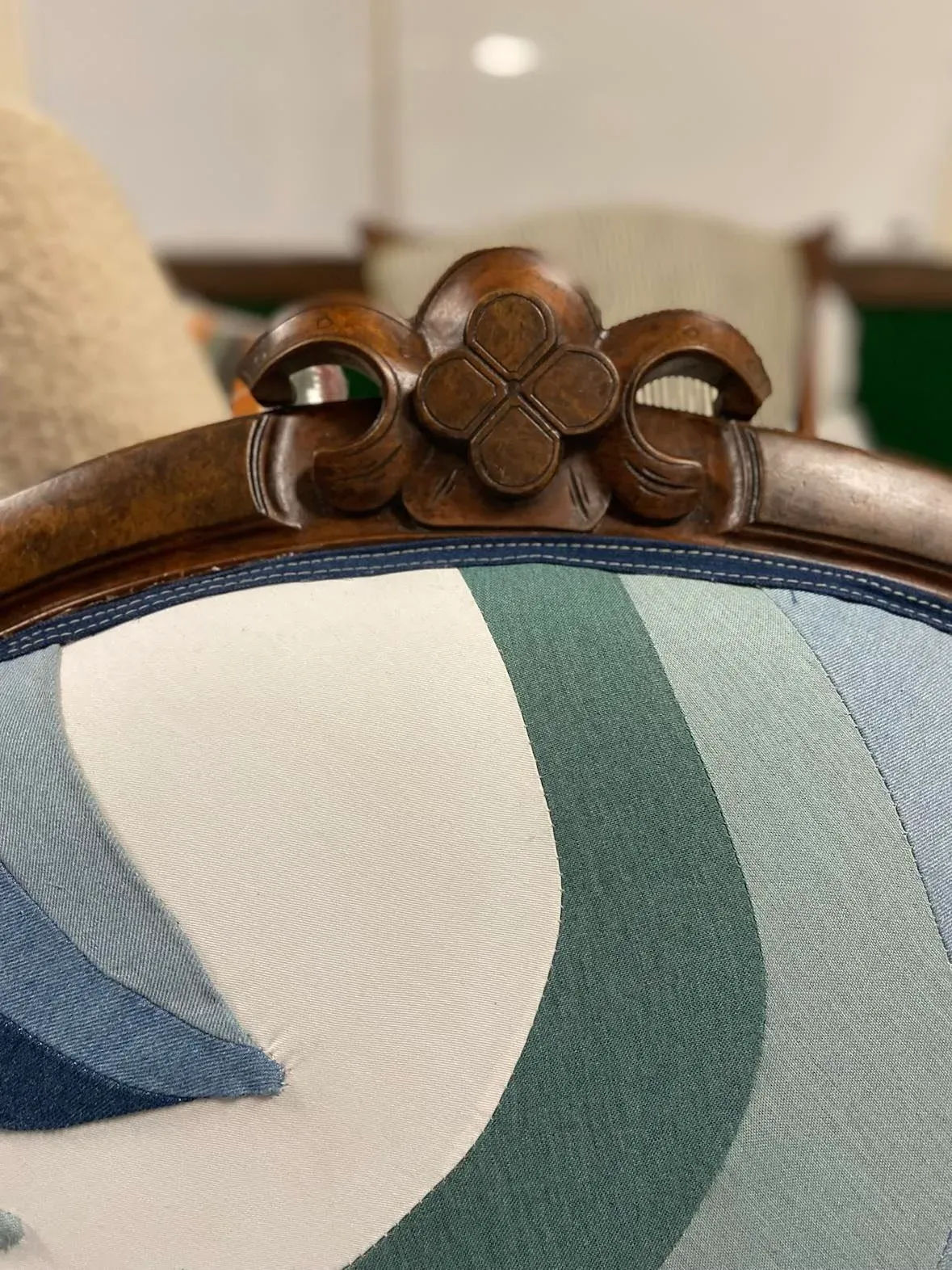 Mid 19th Century Walnut and Burlwood Parlor Medallion Sofa Reupholstered in 'New Wave' Design - Image 11