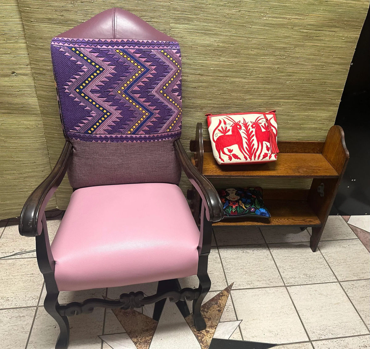 Antique Hacienda Style Chair With New Upholstery of Mauve and Rose Hand Embroidery and Leather - Image 11