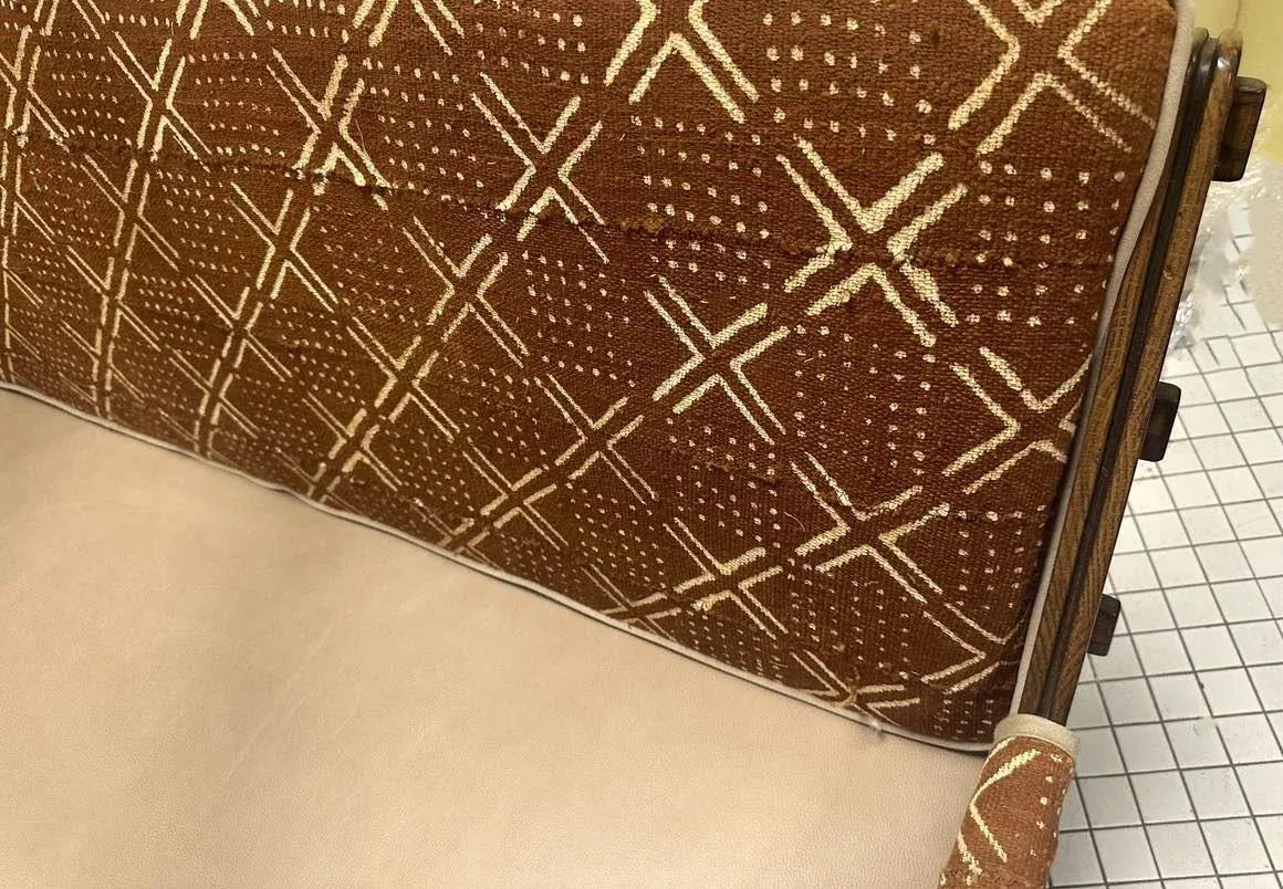 Romweber Viking Oak Sofa With Two Chairs - Upholstered With Artisanal African Textile and Leather - Vintage Mid 20th Century - Image 11