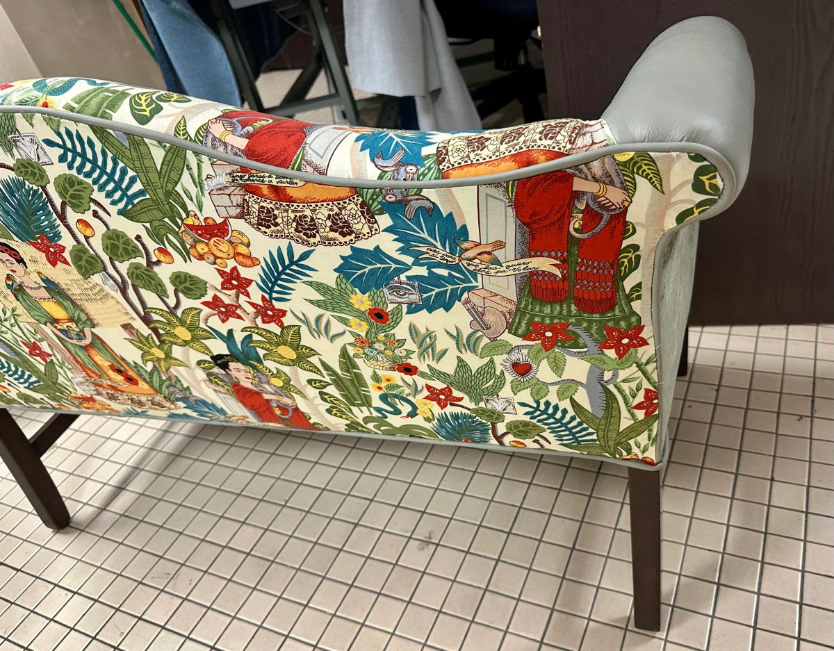 Pair of Chippendale Camelback Settees in ‘Frida’s Garden’ Chintz and Celadon Leather and Velvet - Image 11