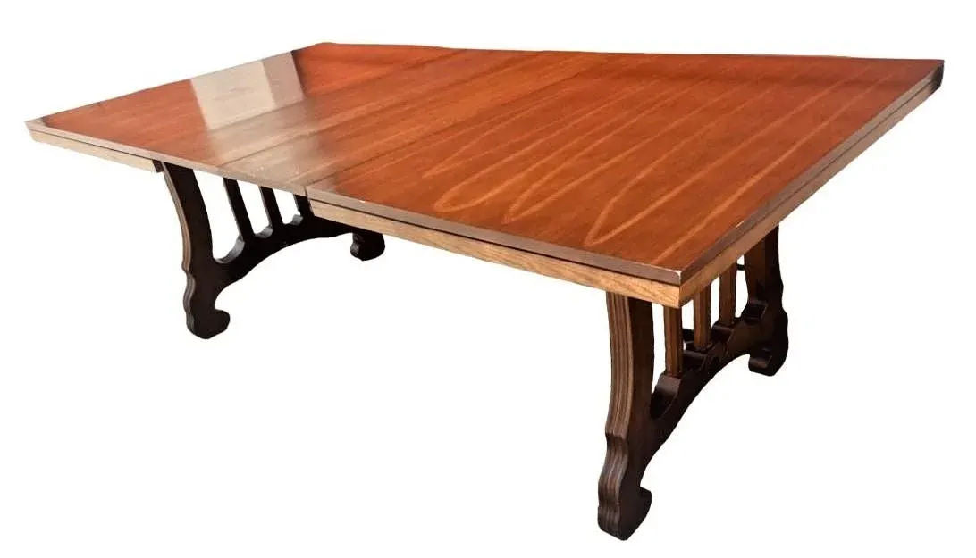 Spanish Style Lyre Leg Pecan Dining Table - Vintage Mid 20th Century - Image 11