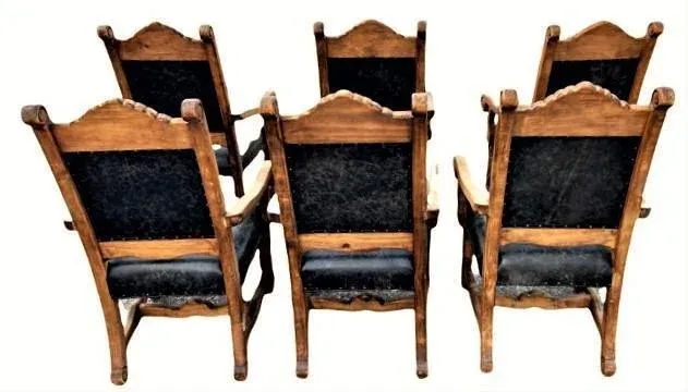 Custom Made Mexican Hacienda Chairs in Tooled Leather and Carved Wood - Set of 6 - Image 11