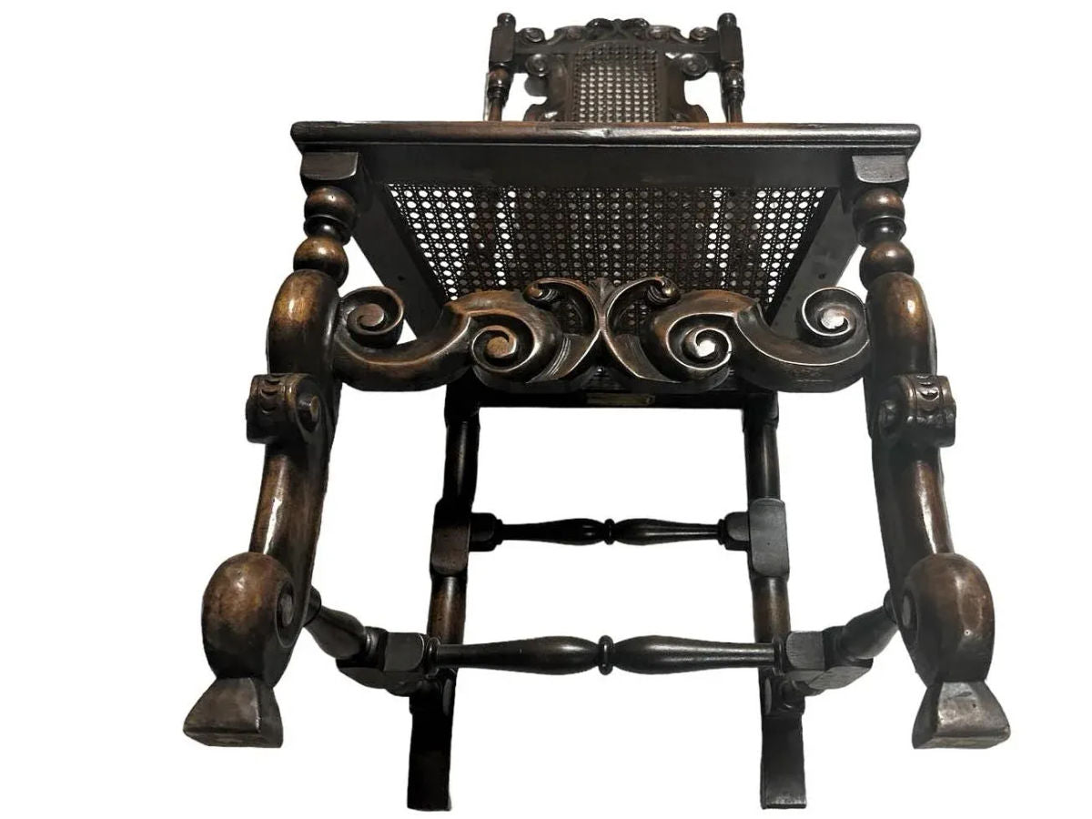 Antique Spanish Hacienda Style Accent Chair in Carved Walnut and Caning - Early 20th Century - Image 11