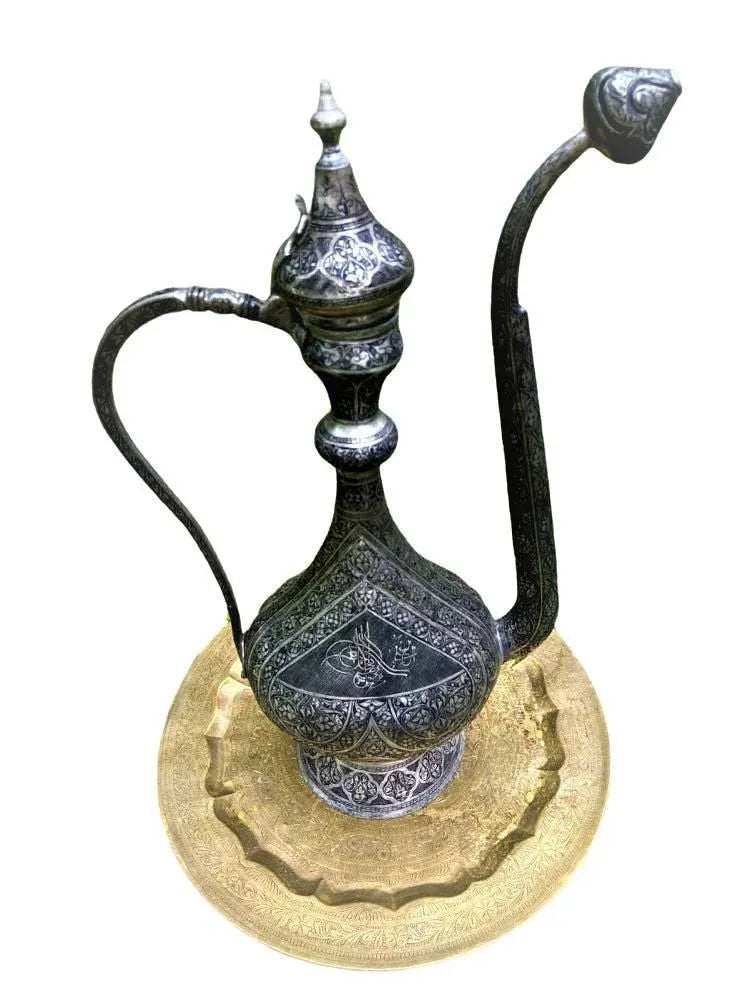 Antique Large Turkish Islamic Pewter Engraved Ewer - Early 20th Century - Image 11