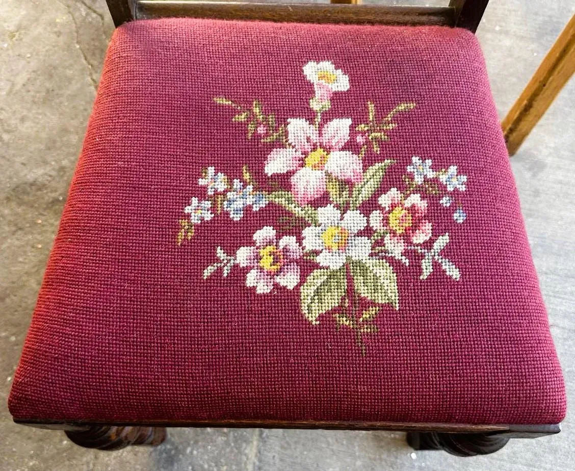 Antique 1920s Spanish Revival or Jacobean Carved Oak Dining Chairs With Needlepoint Seat Upholstery - Set of 6 - Image 11