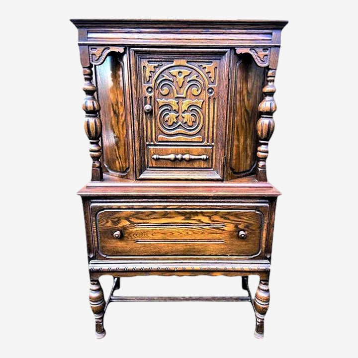 Antique Spanish Revival Solid Oak Liquor Cabinet or Linen Press - Early 20th Century - Image 1