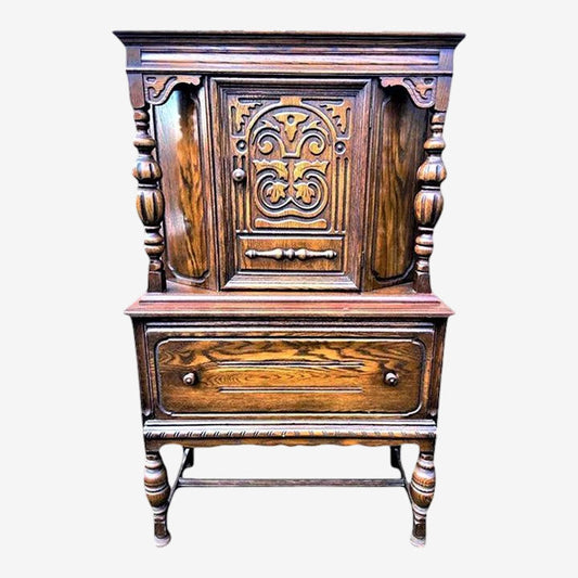 Antique Spanish Revival Solid Oak Liquor Cabinet or Linen Press - Early 20th Century - Image 1