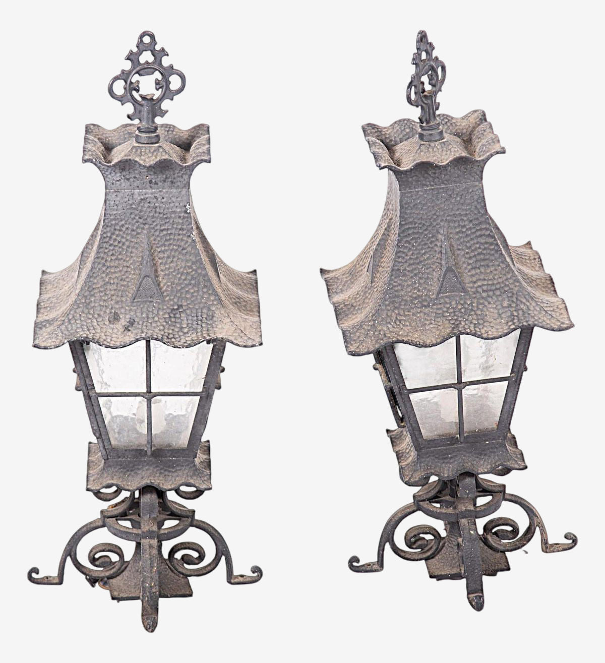 Pair of Spanish Revival Hammered Metal Lanterns - Vintage Late 20th Century - Image 1
