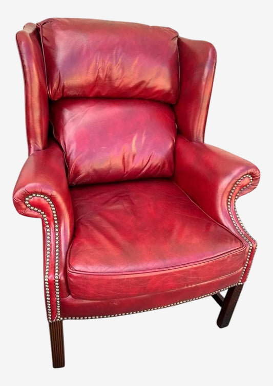 Cherry Red Leather and Mahogany Wingback Chair From St. Timothy of Hickory, North Carolina - Image 1