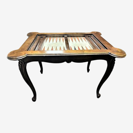 Inlaid Leather and Walnut Louis XV Style Backgammon Table - Vintage Late 20th Century - Image 1