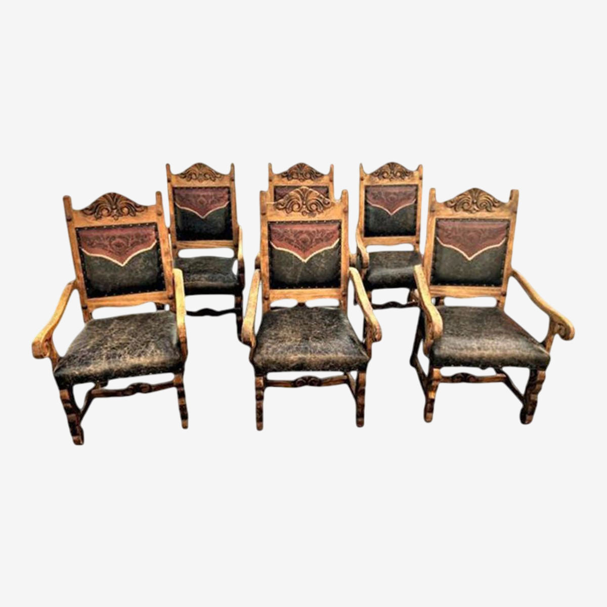Custom Made Mexican Hacienda Chairs in Tooled Leather and Carved Wood - Set of 6 - Image 1