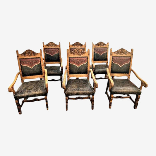 Custom Made Mexican Hacienda Chairs in Tooled Leather and Carved Wood - Set of 6 - Image 1