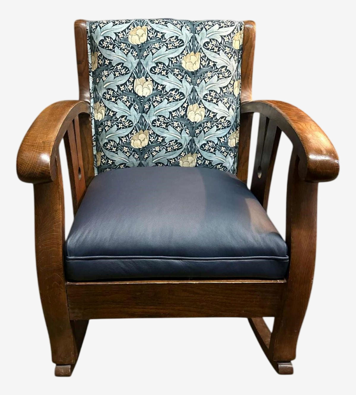 Late 19th Century Liberty & Co. Attributed Oak Rocking Chair With New G. P. & J. Baker Indigo and Ivory Linen and Indigo Leather - Image 1