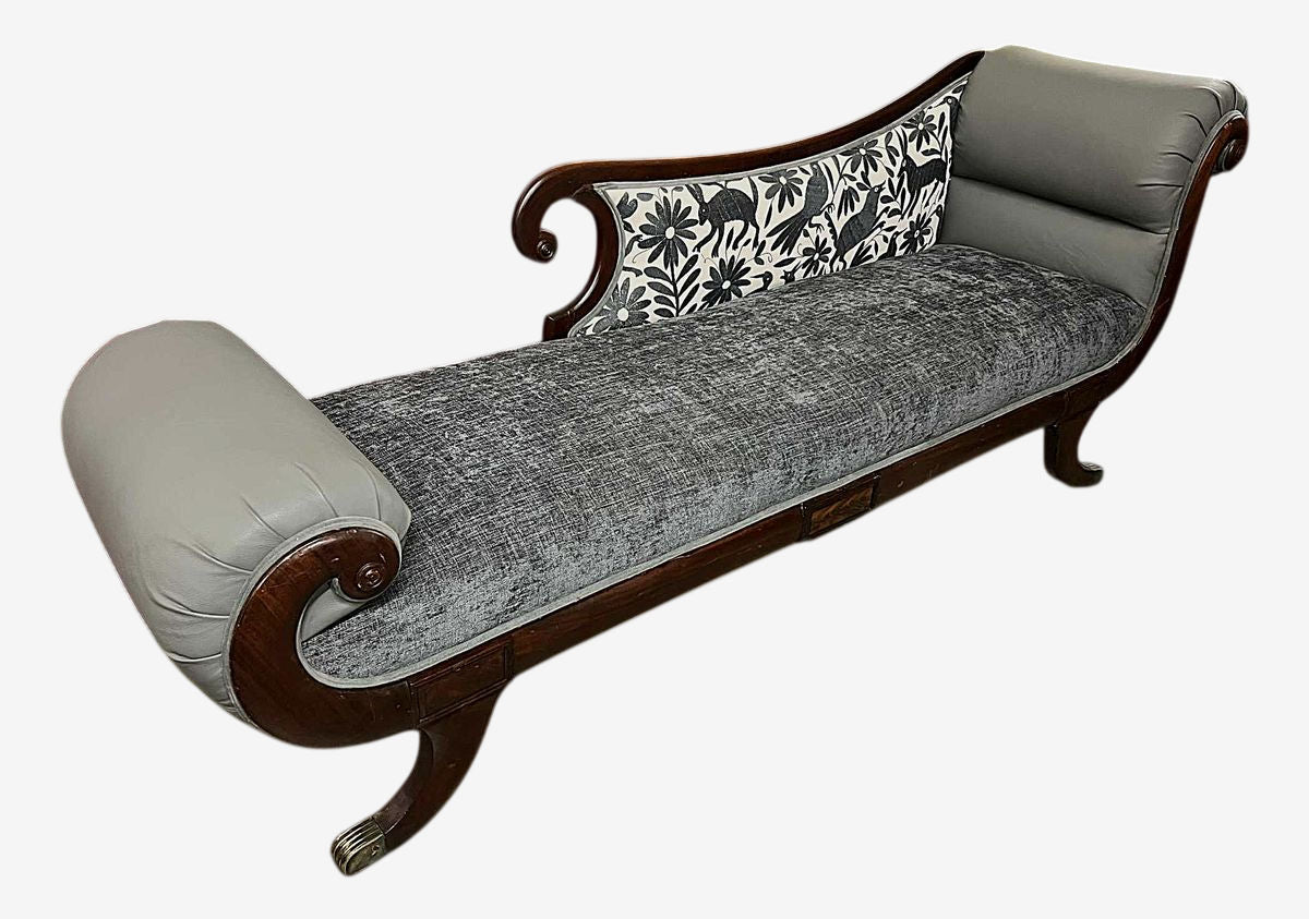 ‘Empress Carlota’ Mahogany Empire Chaise - Circa 1860s - Reupholstered With New Otomi Hand Embroidery and Leather - Image 1