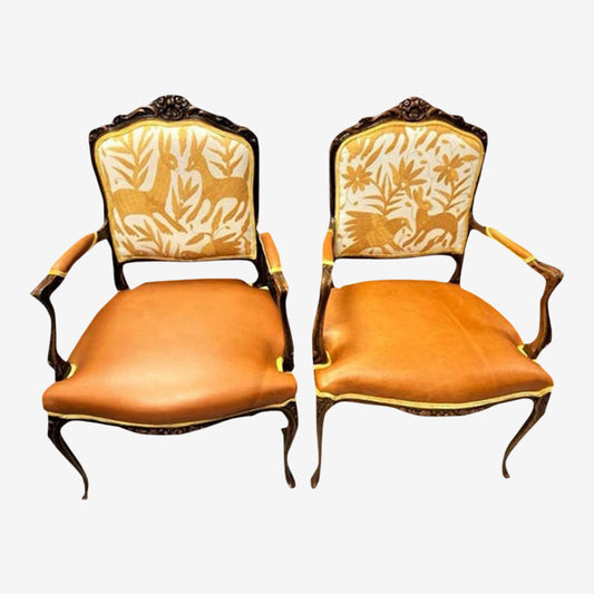 Pair of Vintage Chateau d'Ax Fauteuils With Otomi Hand Embroidery and Cognac Leather - Mid 20th Century - Image 1