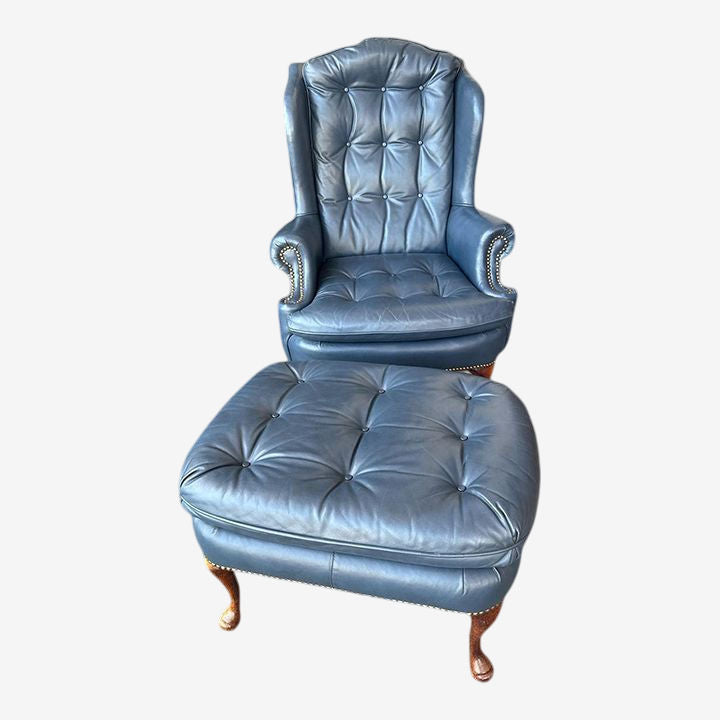 1980s Cornflower Blue Tufted Leather Chair and Ottoman Set Made in Hickory, North Carolina - Image 1