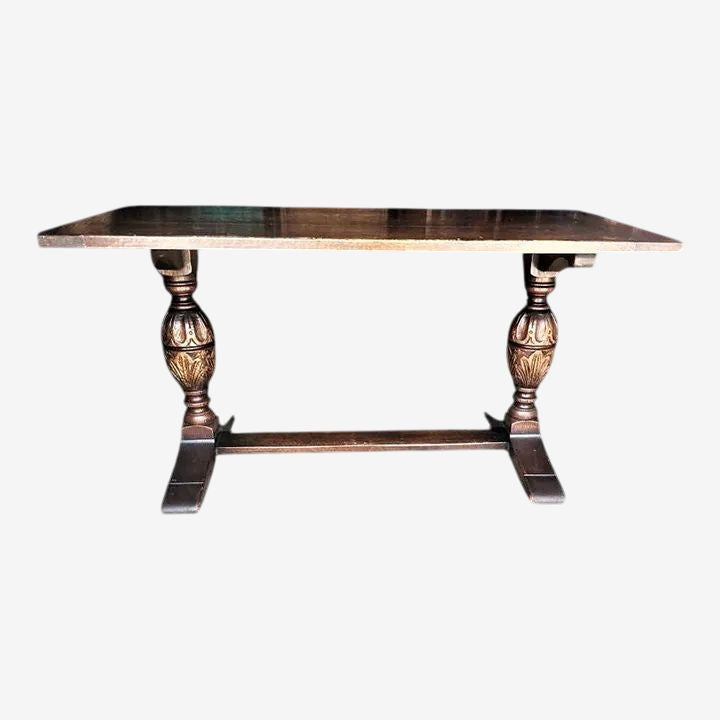 Antique Jacobean or Spanish Revival Dark Oak Trestle Library Table or Dining Table by Kensington Furniture Company - Image 1