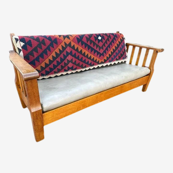 Antique Circa 1910 Oak Arts & Crafts Large 78” Settle With New Leather and Hand Made Persian Kilim Upholstered Cushions - Image 1