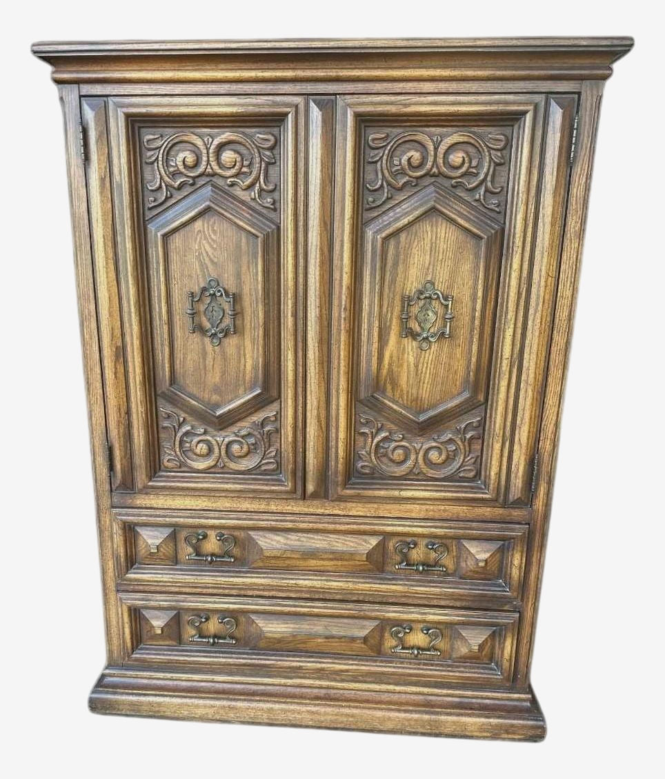 Spanish Colonial Revival Vintage Carved Solid Oak Gentleman's Chest or Armoire Crafted in North Carolina by United Furniture - Image 1