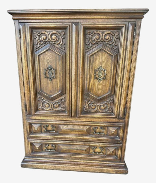 Spanish Colonial Revival Vintage Carved Solid Oak Gentleman's Chest or Armoire Crafted in North Carolina by United Furniture - Image 1
