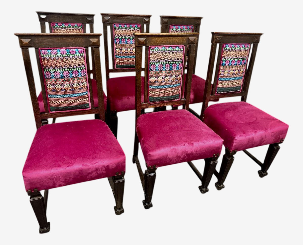 Early 20th Century Edwardian English Oak Dining Chairs With Vivid Mexican Embroidery Upholstery - Set of 6 - Image 1