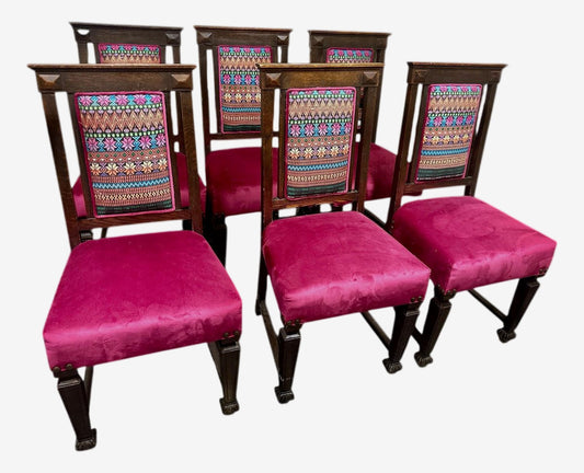 Early 20th Century Edwardian English Oak Dining Chairs With Vivid Mexican Embroidery Upholstery - Set of 6 - Image 1