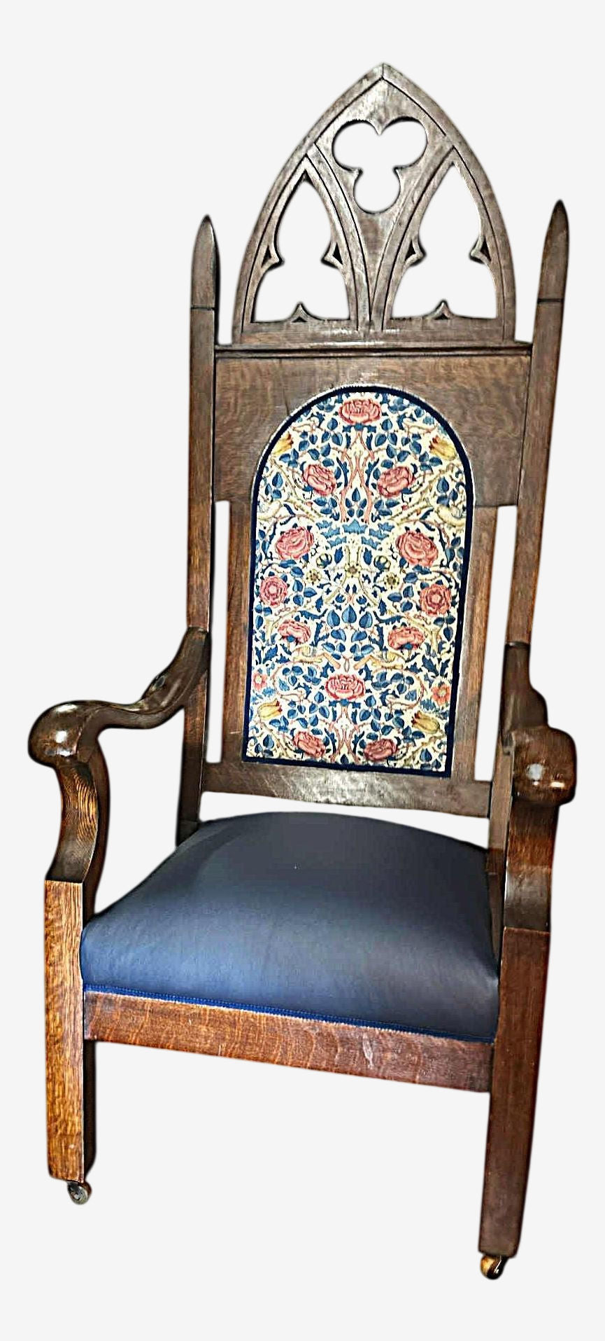19th Century English Oak Bishop’s Throne Reupholstered With Leather and William Morris ‘Rose’ Linen - Image 1