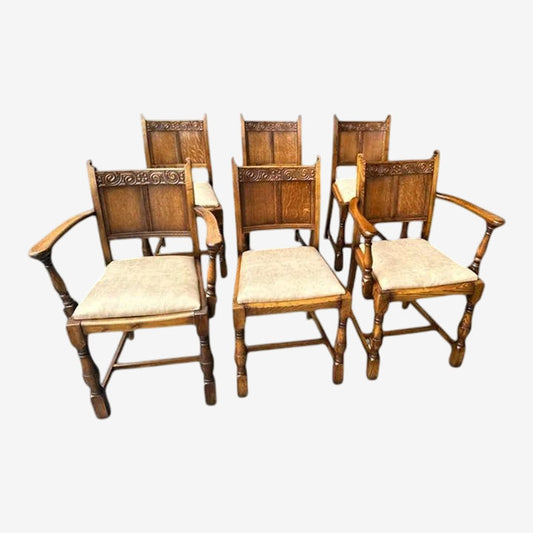 19th Century Antique English Arts & Crafts Oak Dining Chairs With New Leather Seats - Set of 6 - Image 1