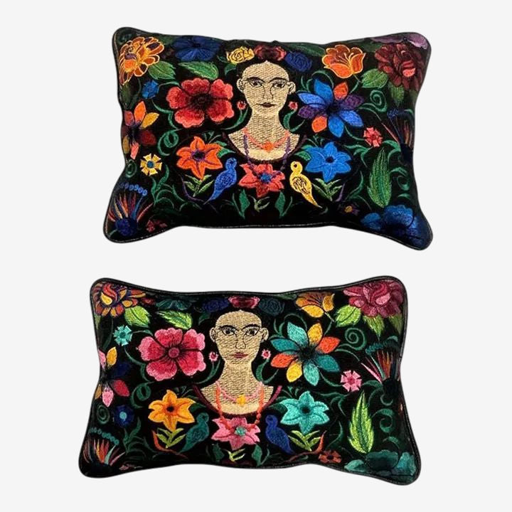 Frida Kahlo Image Chiapas Embroidery and Black Leather Accent Pillows - a Pair - Newly Made - Image 1