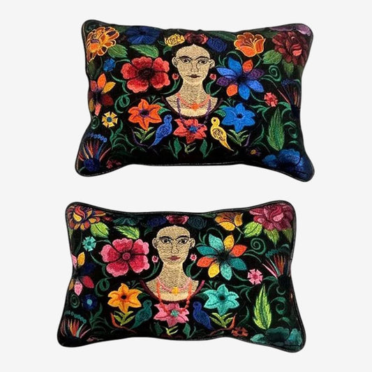 Frida Kahlo Image Chiapas Embroidery and Black Leather Accent Pillows - a Pair - Newly Made - Image 1