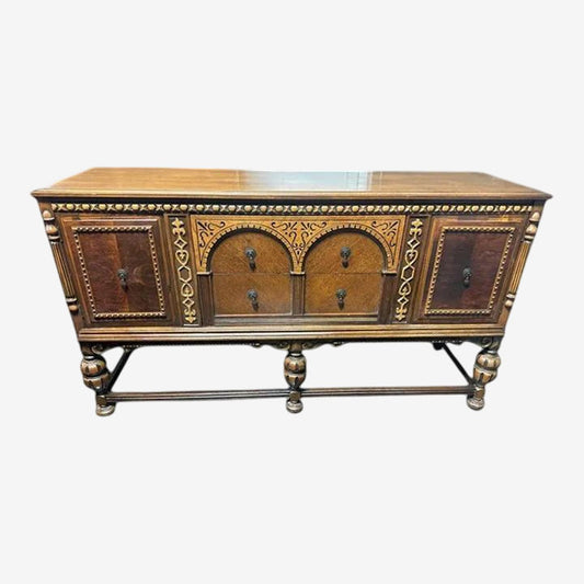 Antique 1920s Moorish Spanish Revival Walnut and Burlwood 66" Buffet Credenza - Image 1
