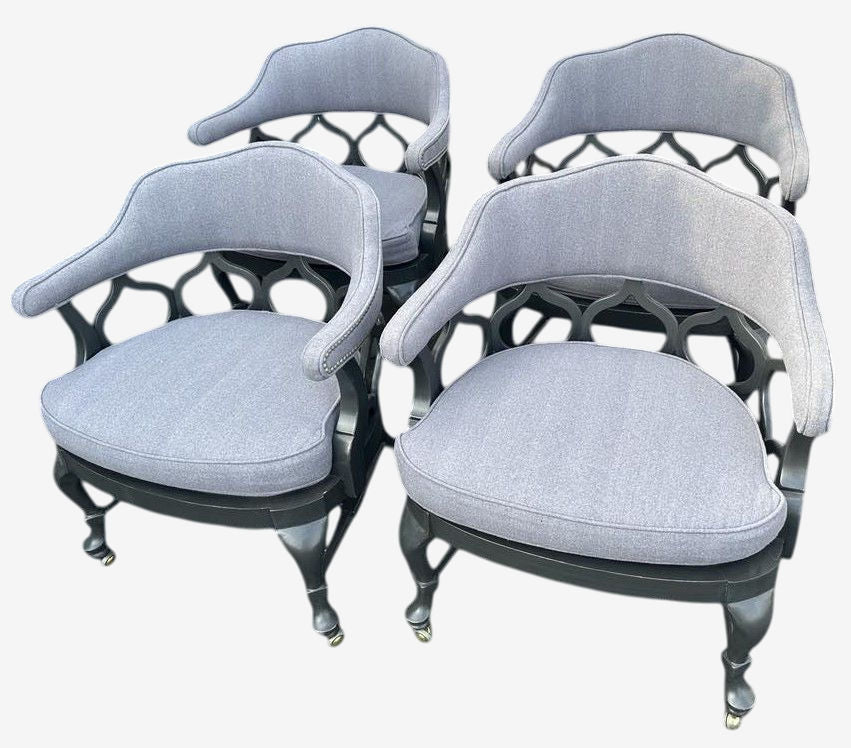 1960s Thomasville Hollywood Regency Tub Dining or Conference Room Chairs on Casters With New Upholstery - Set of 4 - Image 1