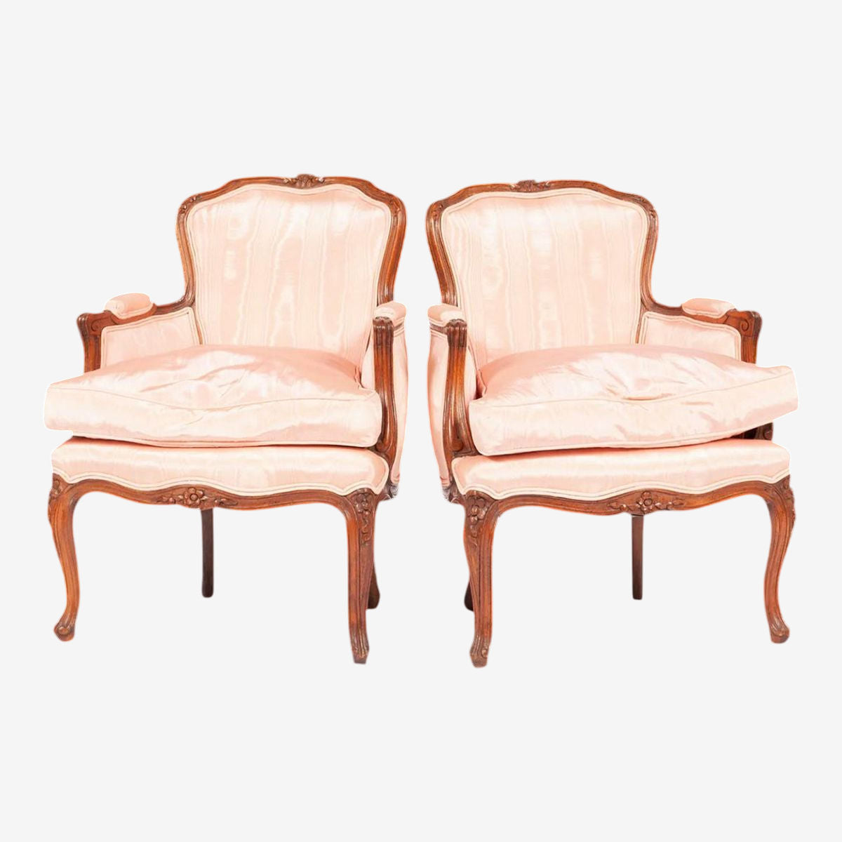 Pair of Antique Louis XV French Children's Bergere Chairs in Walnut and Pink Watered Silk - Provenance Adolphus Busch Heirs - Early 20th Century - Image 1