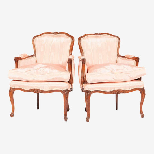 Pair of Antique Louis XV French Children's Bergere Chairs in Walnut and Pink Watered Silk - Provenance Adolphus Busch Heirs - Early 20th Century - Image 1